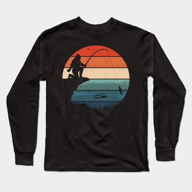 Fishing Bigfoot Sunset Long Sleeve T-Shirt by Tesszero